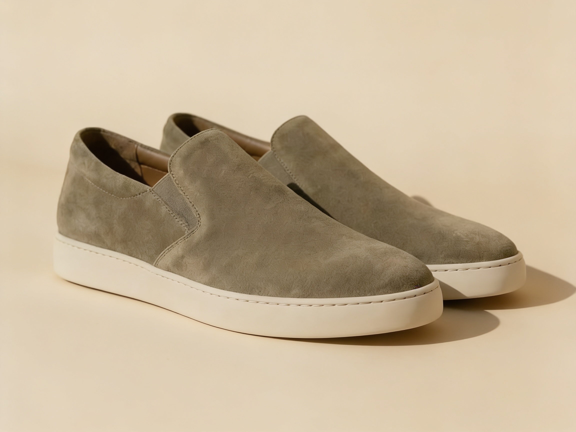 Masis slip-ons on a neutral bone background.